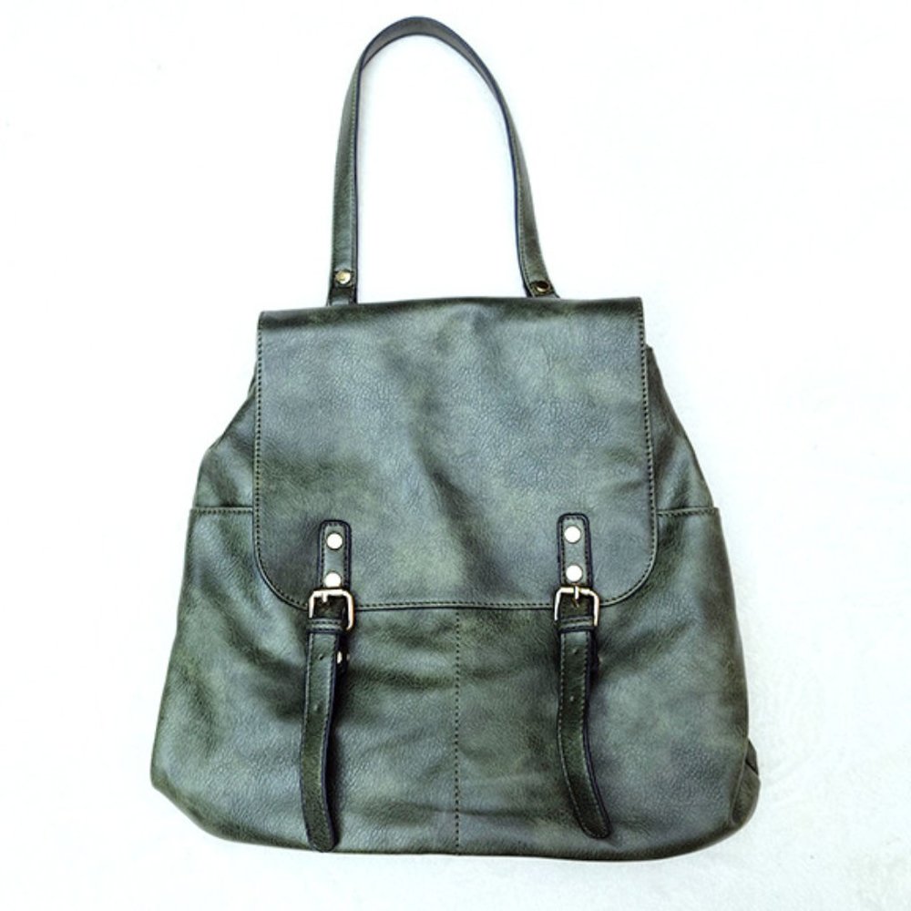 Forest Green PVC Leather Backpack, 13" x 15"